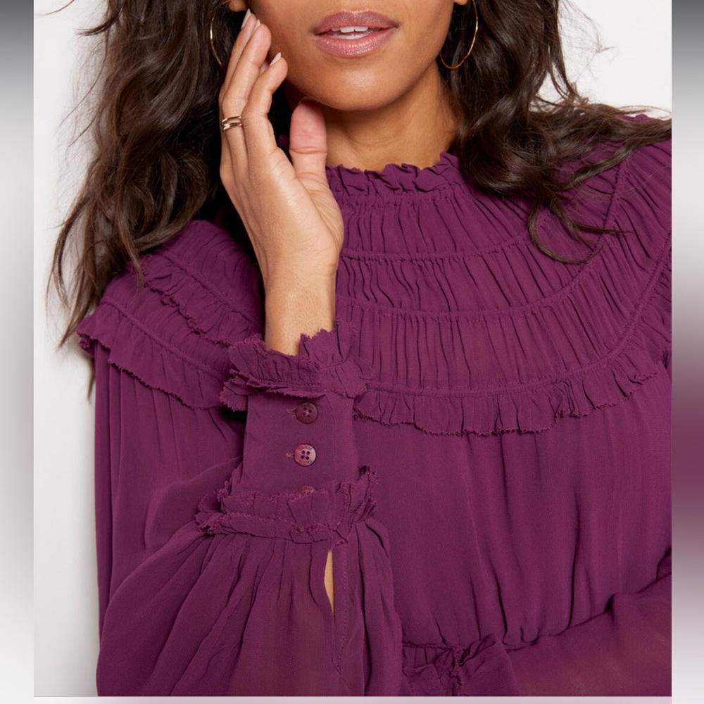 Farm Rio Ruffle High Neck Blouse Burgundy NWOT - Picture 5 of 6